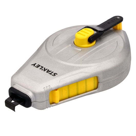 Stanley STHT47110-0 chalk line reel, silver and yellow, angled front view on white background.