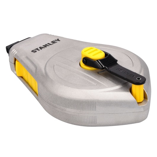 Stanley STHT47110-0 chalk line reel, silver and yellow, front angled view on white background.