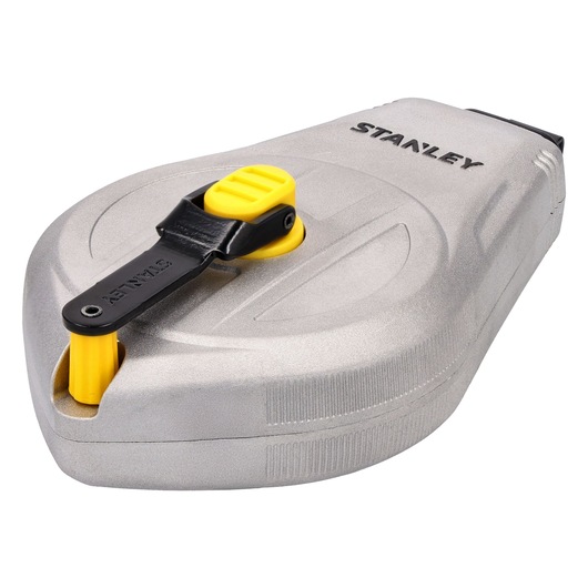 STANLEY STHT47110-0 chalk line reel in silver and yellow, angled product photo on white background.