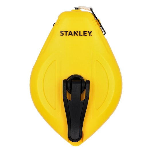 STANLEY STHT47112-0 yellow chalk line reel, front view on white background, black handle and hook visible.