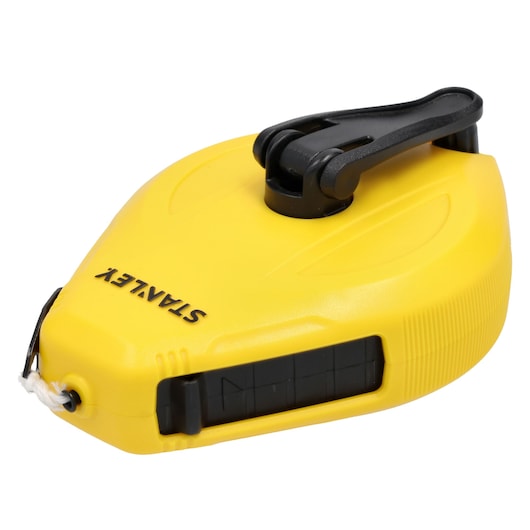 STANLEY STHT47112-0 yellow chalk line reel, photography, angled view on white background.