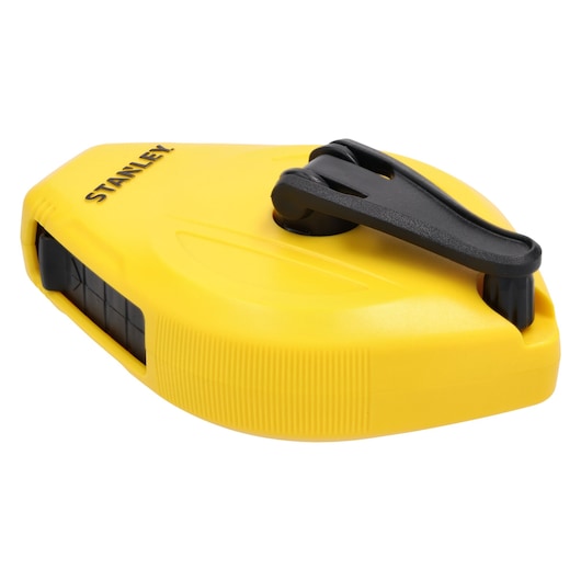 STANLEY STHT47112-0 yellow chalk line reel, angled front view, black clip and markings visible.