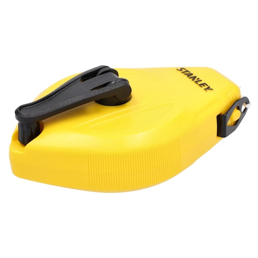STANLEY STHT47112-0 yellow chalk reel case, angled view, plastic body with black winder and clip.