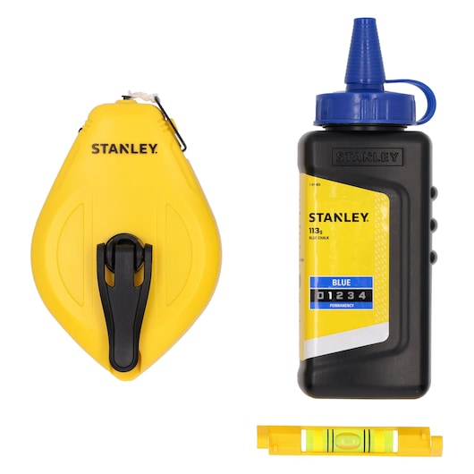 STANLEY STHT47113-0 photography of yellow chalk reel, blue chalk bottle, and yellow spirit level, front angle.