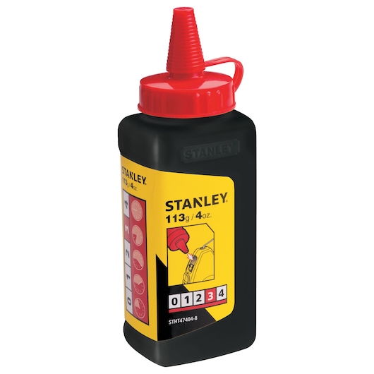 Photo of STANLEY STHT47404-8 chalk refill bottle, 113g, black container with red cap, front angled view.