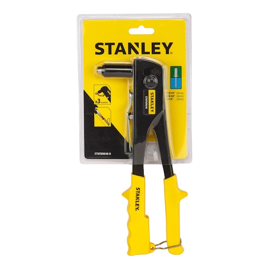 STANLEY STHT69646-8 rivet tool with yellow handles in retail packaging, front view.