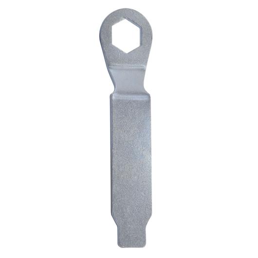 STANLEY STHT69800-8 flat metal spanner with hexagonal opening, top view on white background.