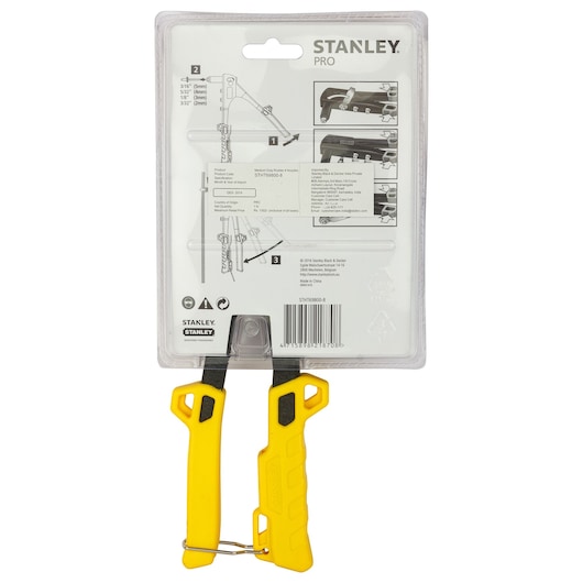 STANLEY STHT69800-8 yellow-handled riveter tool in plastic packaging, rear view showing instructions.
