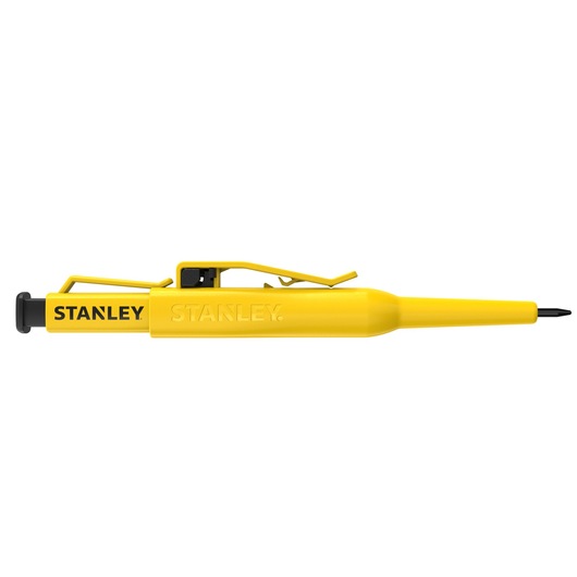 Photo of STANLEY STHT72001 yellow marking pencil with clip, side view, isolated on white background.
