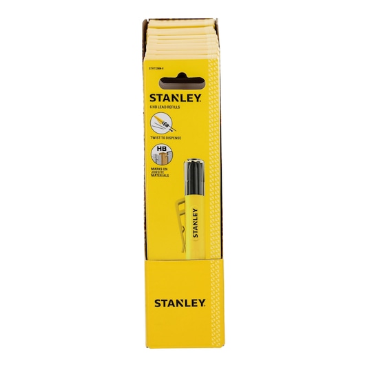 A yellow STANLEY display box containing several packs of STANLEY HB lead refills, with product information including 'Twist to dispense' and 'Marks on jobsite materials' shown on the packaging. A visible yellow mechanical pencil or marker is also displayed in the box.