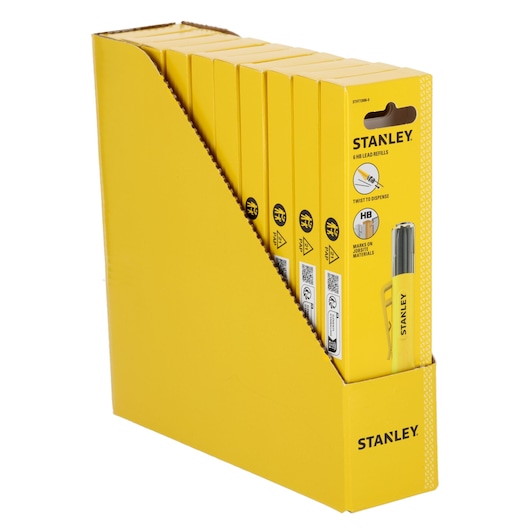 Display box containing multiple packs of Stanley 6 HB lead refills for pencils, with yellow packaging and branding visible.
