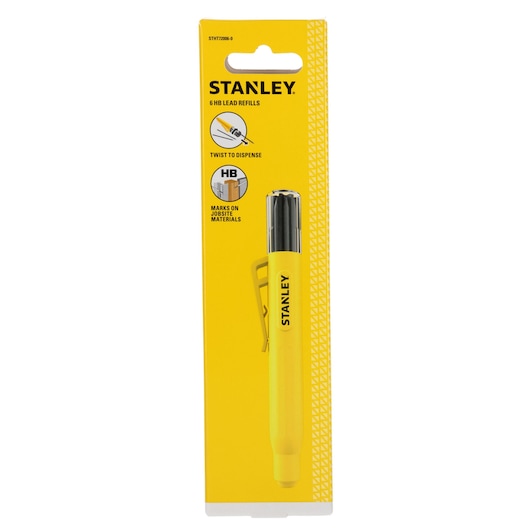 A STANLEY HB lead refill marker in yellow packaging, showing the pen with a clip. The packaging highlights features such as 6 HB lead refills, a twist to dispense mechanism, and marks on jobsite materials.