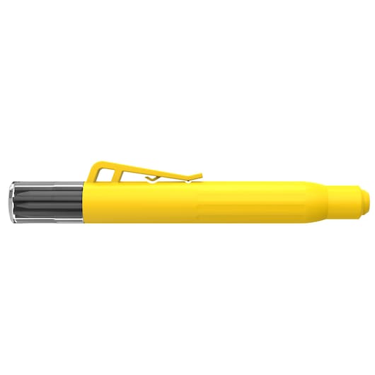 STANLEY STHT72006 yellow multi-bit screwdriver pen, side view on white background.