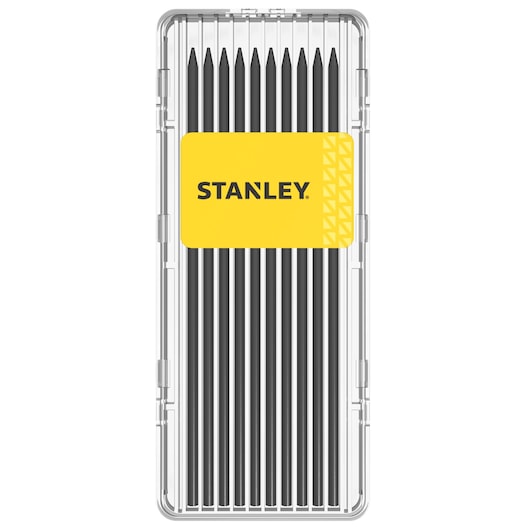 Stanley precision tool set in a clear case with a yellow label, arranged neatly for easy access.