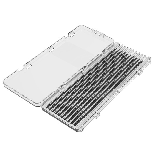 Transparent plastic storage box with a hinged lid and slots for organizing small items.