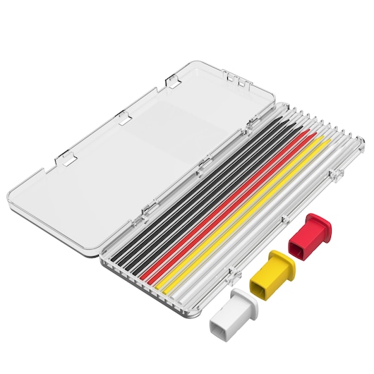Plastic case with colored rods and three plastic end caps in red, yellow, and white for photography setup.