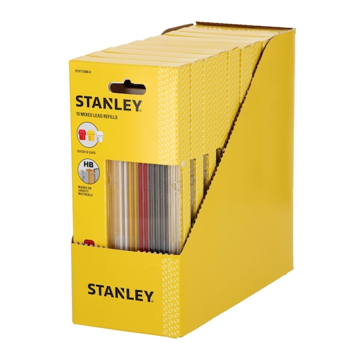 A yellow STANLEY display box containing multiple packs of 10 mixed lead refills, STHT72008-0. The packaging features product details and branding, and the leads are visible in assorted colors through the clear lower section.