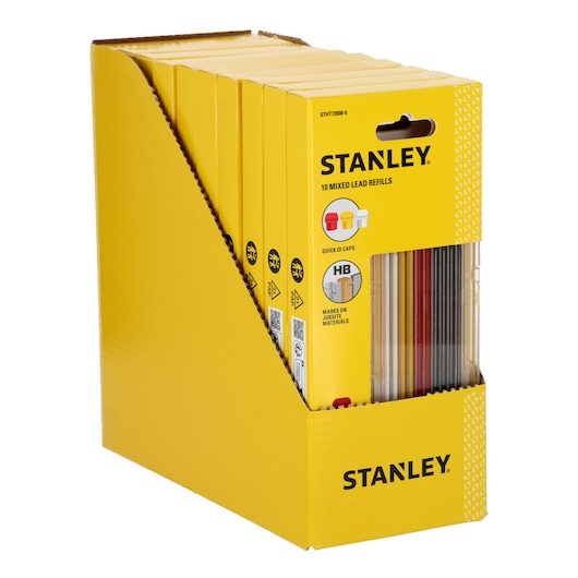 Box containing multiple packs of STANLEY 10 mixed lead refills for pencils, displayed upright in a yellow branded cardboard holder. The packs feature quick ID caps and are labeled for use on jobsite materials.