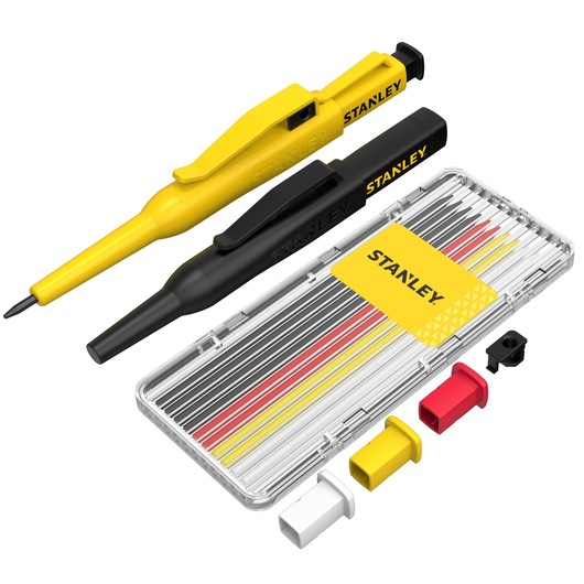 Stanley marking pencils set with refill leads and colored caps, shown with transparent storage case.