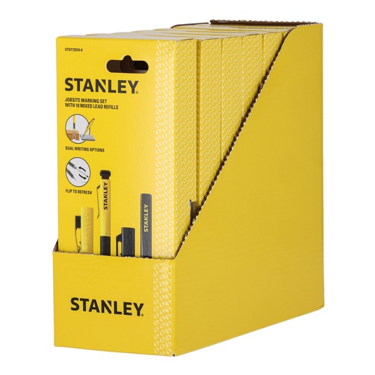 Stanley jobsite marking set with refills, displayed in a yellow retail box. Packaging highlights writing options.
