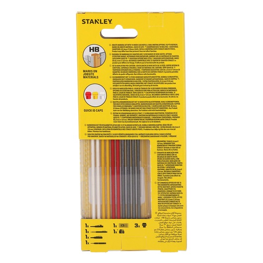 Stanley marking set package with colored leads and ID caps for use on jobsite materials, yellow box with instructions.