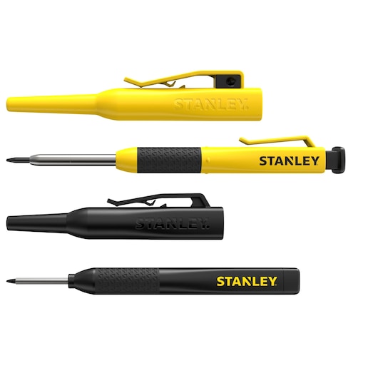 STANLEY STHT72010-0 pocket screwdriver set, two yellow and two black screwdrivers, side view on white background.