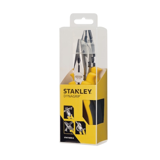 STANLEY STHT73655-8 pliers set in yellow and black packaging, front view, photo of hand tools.