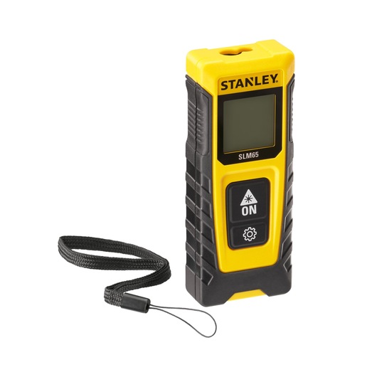 STANLEY STHT77065-0 laser distance measurer, black and yellow, front angle, with display, buttons, and wrist strap.