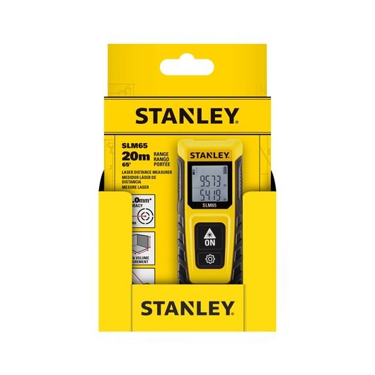 STANLEY STHT77065-0 laser distance measurer in yellow retail packaging, front view.