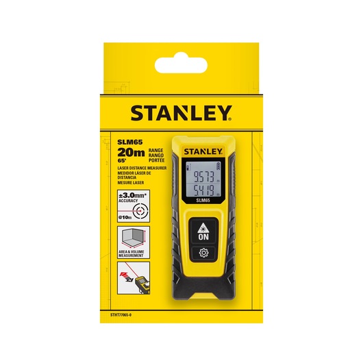 Photo of STANLEY STHT77065-0 laser distance measurer in yellow and black packaging, front view, 20m range.