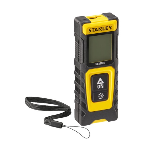 STANLEY STHT77100-0 compact laser distance measurer, black and yellow, with display and wrist strap, angled view.