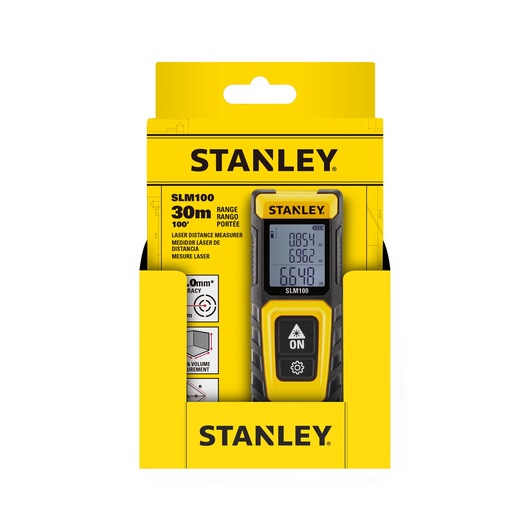 Photo of STANLEY STHT77100-0 laser distance measurer in yellow retail packaging, front view.
