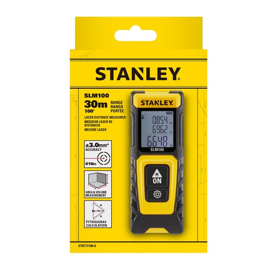 STANLEY STHT77100-0 laser distance measurer SLM100 in yellow and black, packaged front view.