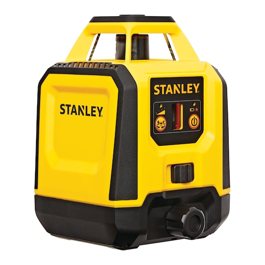 Stanley yellow and black rotary laser level, angled side view, with control panel and handle.