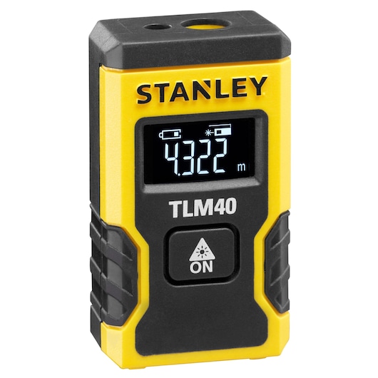 STANLEY STHT77666-0 laser distance measurer TLM40, yellow and black, front angle, LCD screen showing 4.322 m.