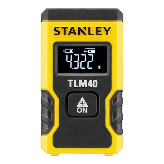 STANLEY STHT77666-0 laser distance measurer front view with digital screen and yellow-black body.