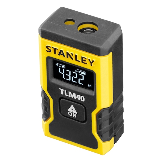 Photo of STANLEY STHT77666-0 laser distance measurer, yellow and black, angled front view with LCD display.
