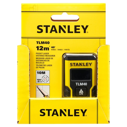 Stanley STHT77666-0 pocket laser distance measurer packaging, front angle, yellow box with device visible.
