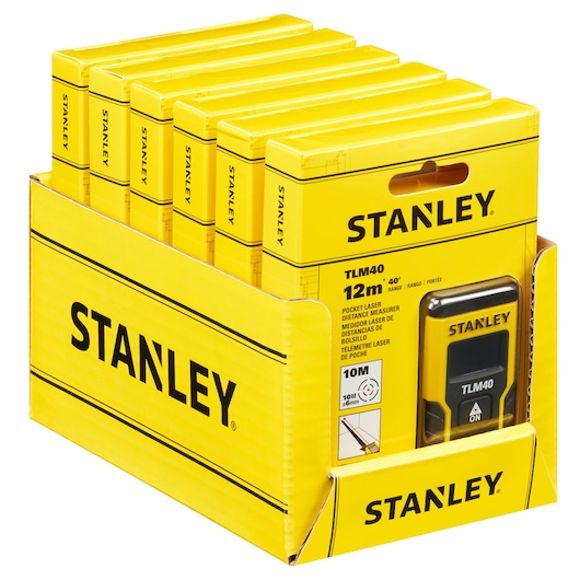 STANLEY STHT77666-0 photography of yellow retail box with TLM40 pocket laser measurers, angled view.