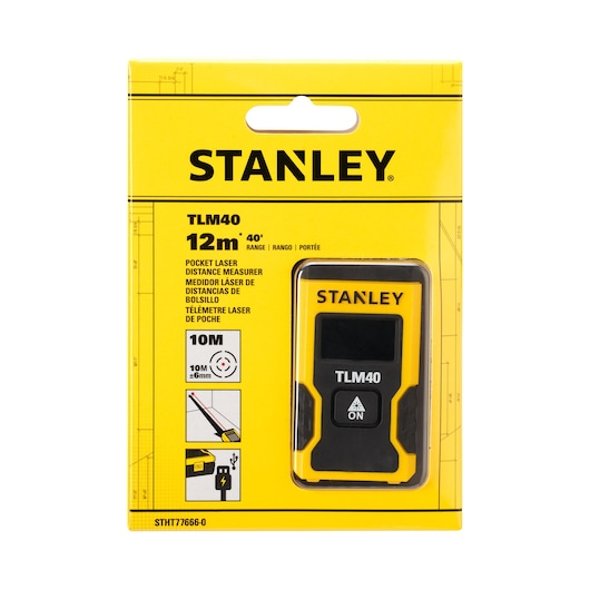 Photo of STANLEY STHT77666-0 pocket laser distance measurer in yellow retail packaging, front view.