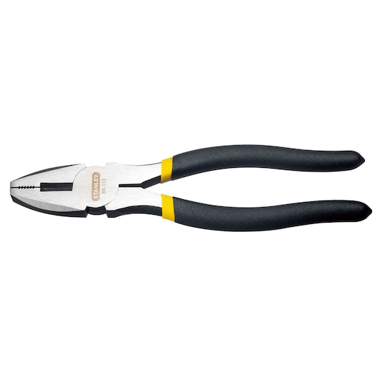 STANLEY STHT84113-8 combination pliers with black and yellow handles, side view, on white background.