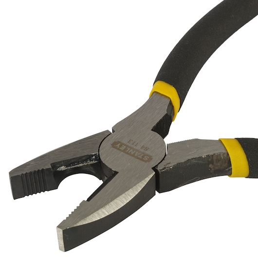 STANLEY STHT84113-8 combination pliers with black and yellow handles, close-up on white background.