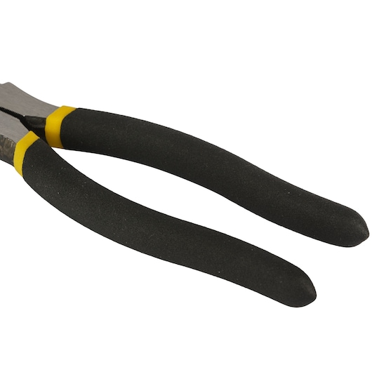 STANLEY STHT84113-8 pliers with black and yellow handles, side angle on white background.
