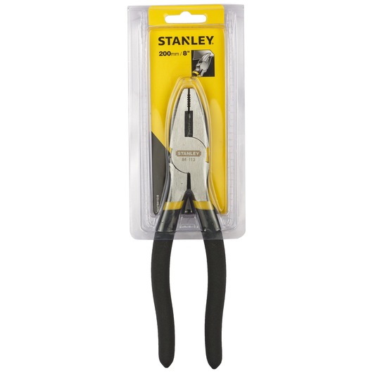 STANLEY STHT84113-8 pliers with black handles, 200mm, front angle, in retail packaging.