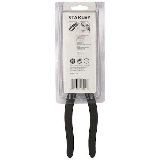 STANLEY STHT84113-8 pliers in retail packaging, rear view, black handles, white background.