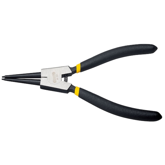 Photo of STANLEY STHT84271-8 black-handled snap ring pliers, front angle, silver jaws.