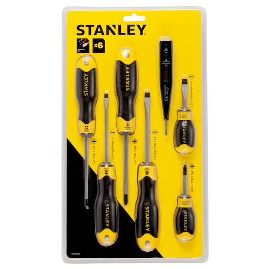 STANLEY STHT92002-8 screwdriver set with six magnetic screwdrivers and tester, front packaging view.