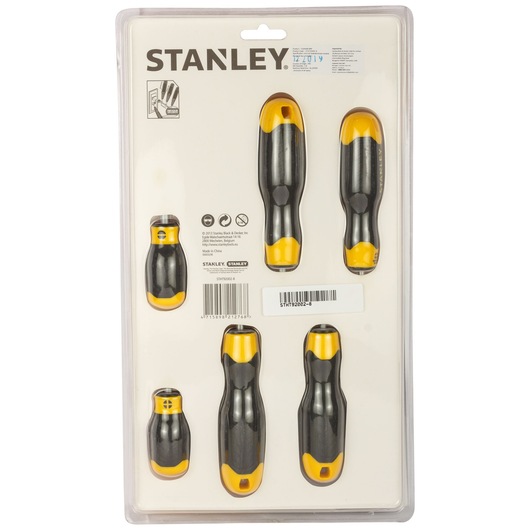 STANLEY STHT92002-8 screwdriver set, black and yellow handles, rear angle on white background.