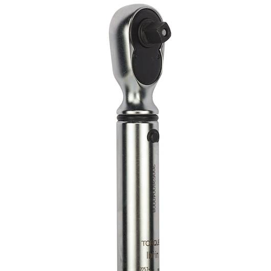 STANLEY STMT73587-8 ratchet wrench close-up on white background, silver metal handle and black head.