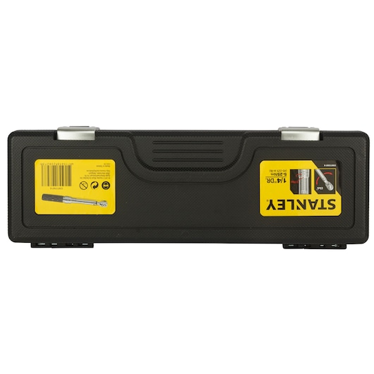 STANLEY STMT73587-8 black hard plastic tool case with yellow STANLEY label, shown from front on white background.